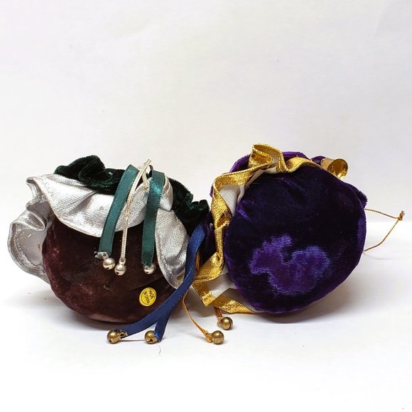 Old World Santa Christmas Ornament Lot x2 Ceramic Velvet Bells Blue Purple 5" - Picture 7 of 7